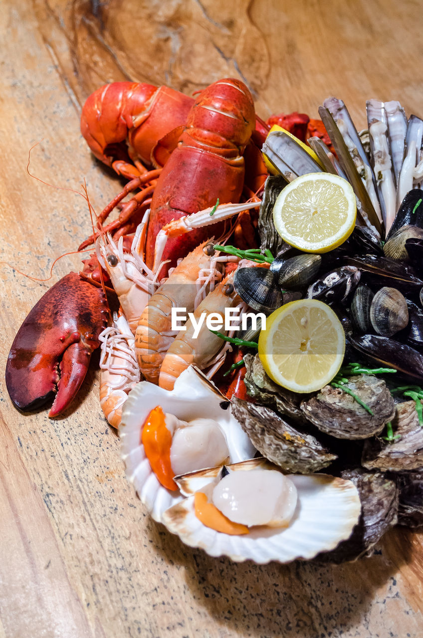High angle view of seafood on table