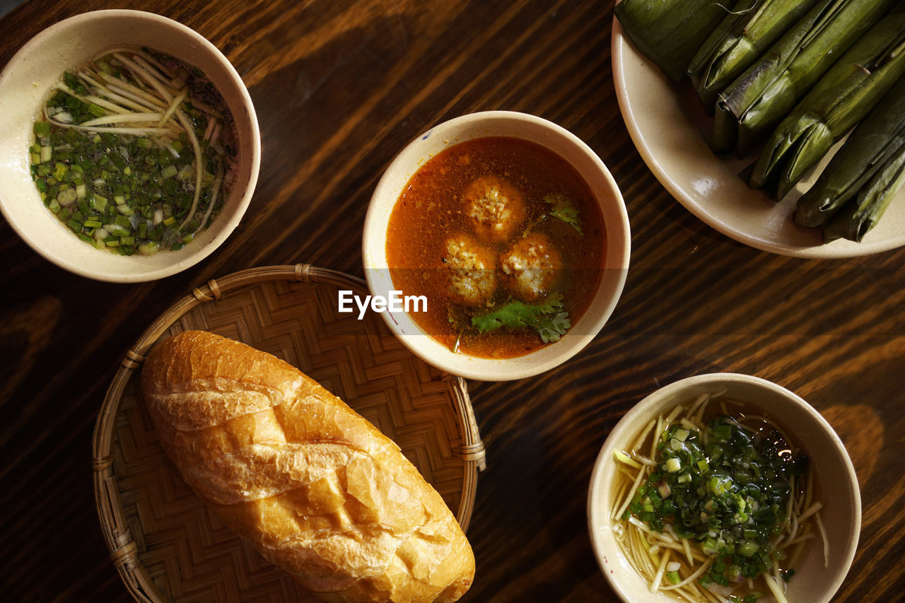 Top view of saigon breakfast specialty banh mi xiu mai