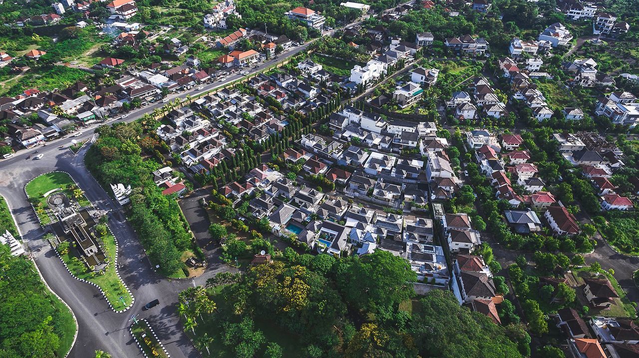 High angle view of trees in city