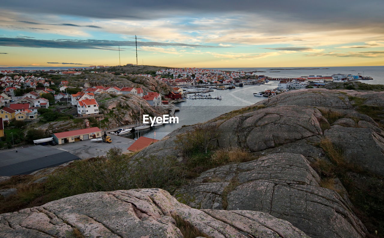 Scenic view of houses on coastline