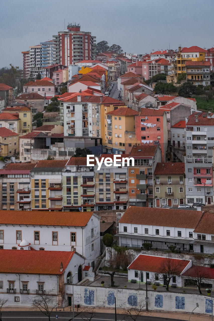 High angle view of residential buildings in city