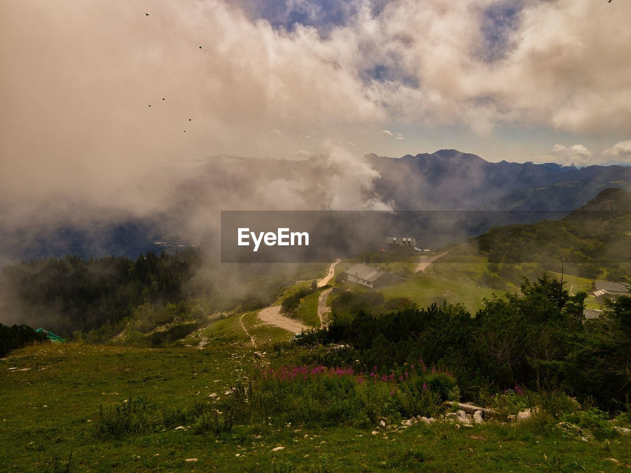 SCENIC VIEW OF FIELD AGAINST MOUNTAIN RANGE