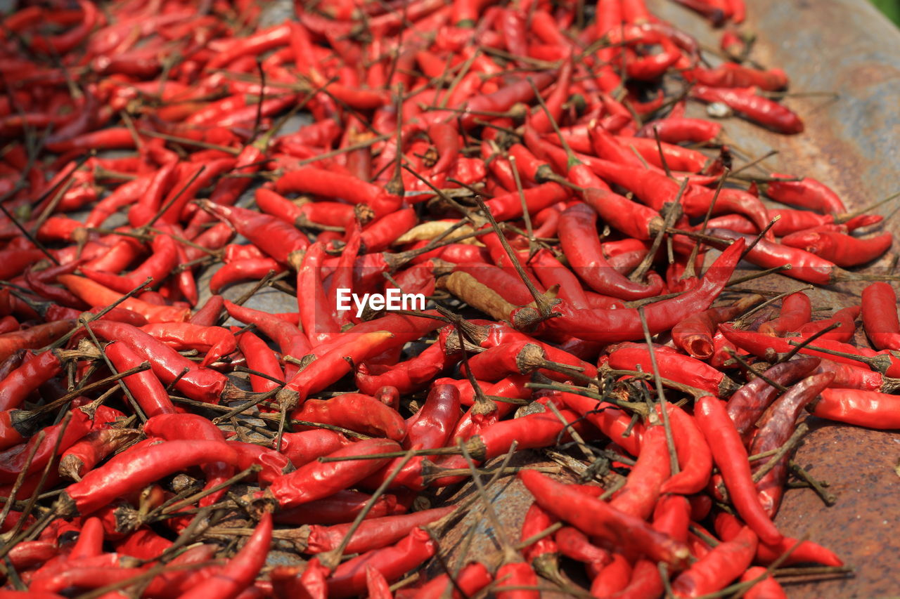 High angle view of red chili peppers for sale at market