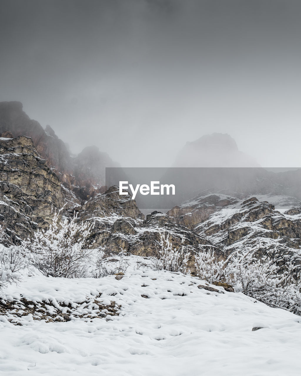 Scenic view of snow covered mountains against sky