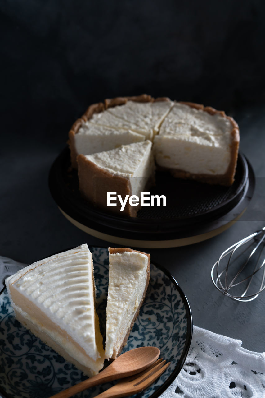 Close-up of cake slices in plate on table