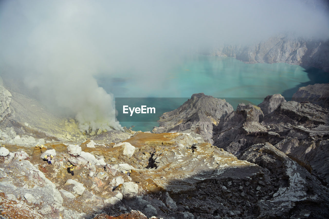 Panorama of ijen crater with its beautiful blue crater water