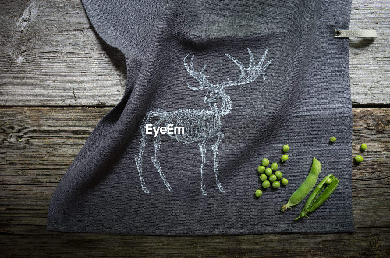 High angle view of animal drawing on black fabric by green peas