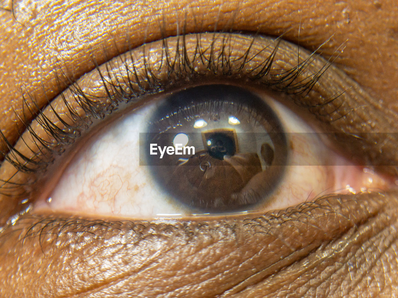 Close up of african american man dark brown eyes for use in ophthalmology optometry imagery