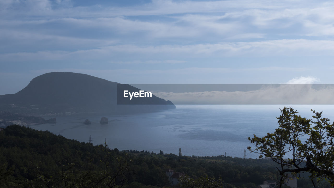 SCENIC VIEW OF SEA BY MOUNTAINS AGAINST SKY