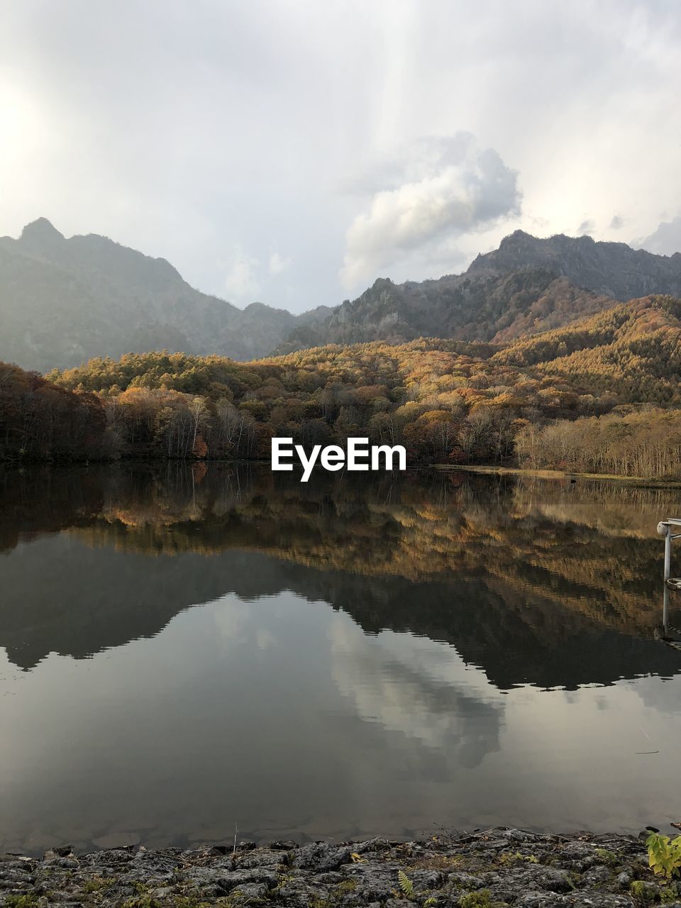 Scenic view of lake by mountains against sky