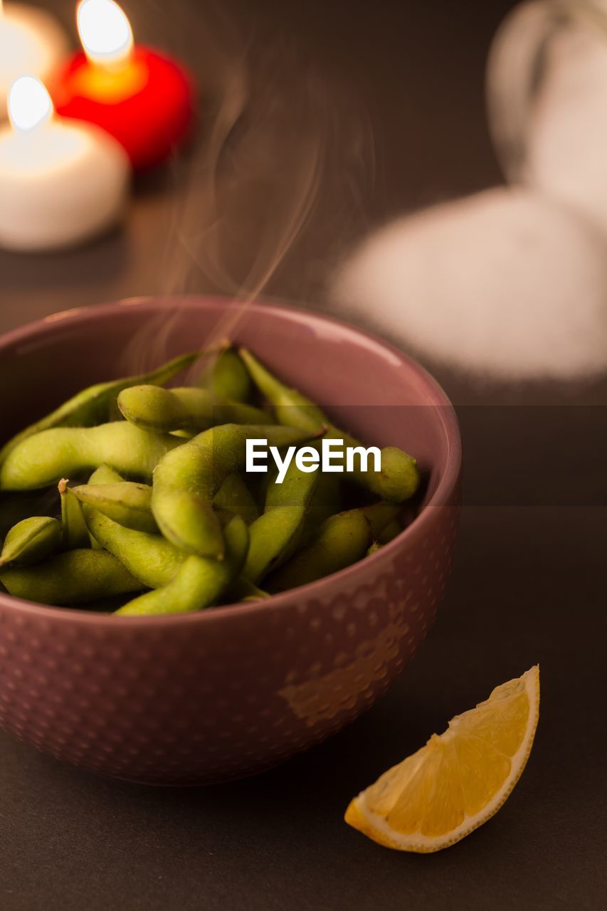 Close-up of boiled vegetables in bowl on table