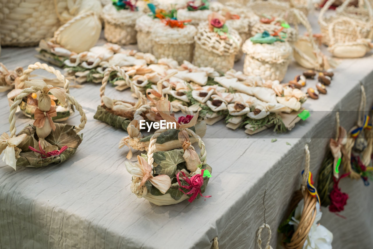 High angle view of various decorations at shop