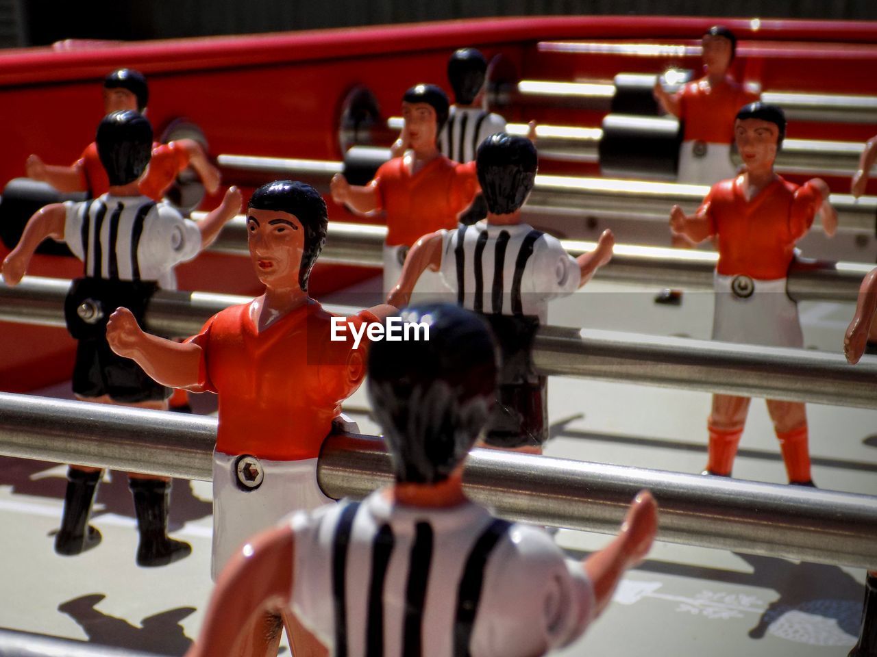 View of red foosball table in the sunshine