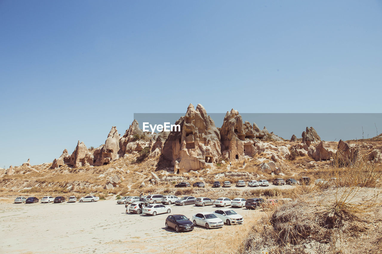 Panoramic view of rock formations against clear sky