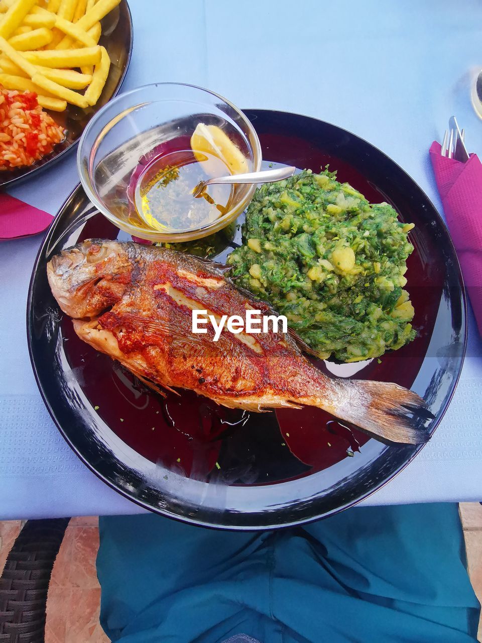 High angle view of food in plate on table