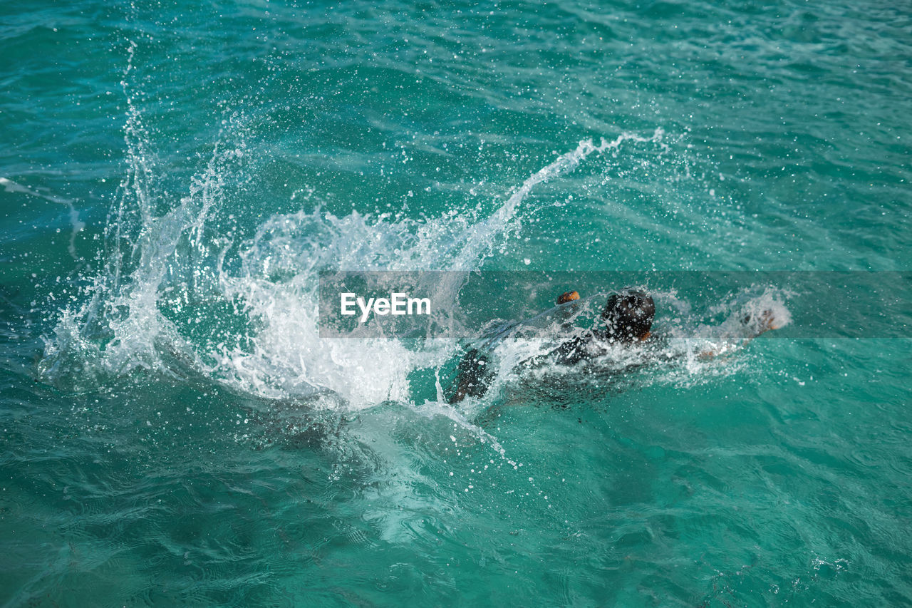 HIGH ANGLE VIEW OF SWIMMING IN SEA