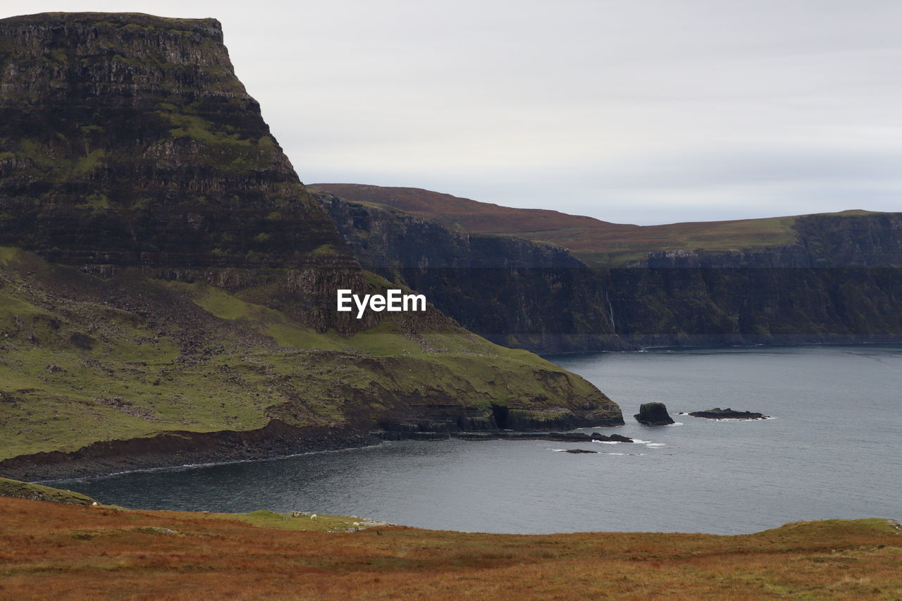 scenic view of sea and mountain against sky