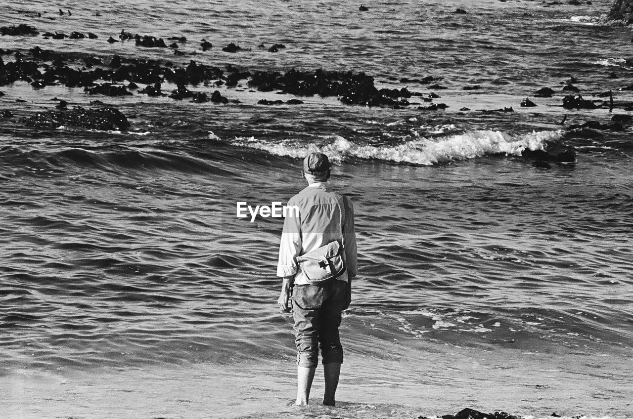 Rear view of man standing at beach