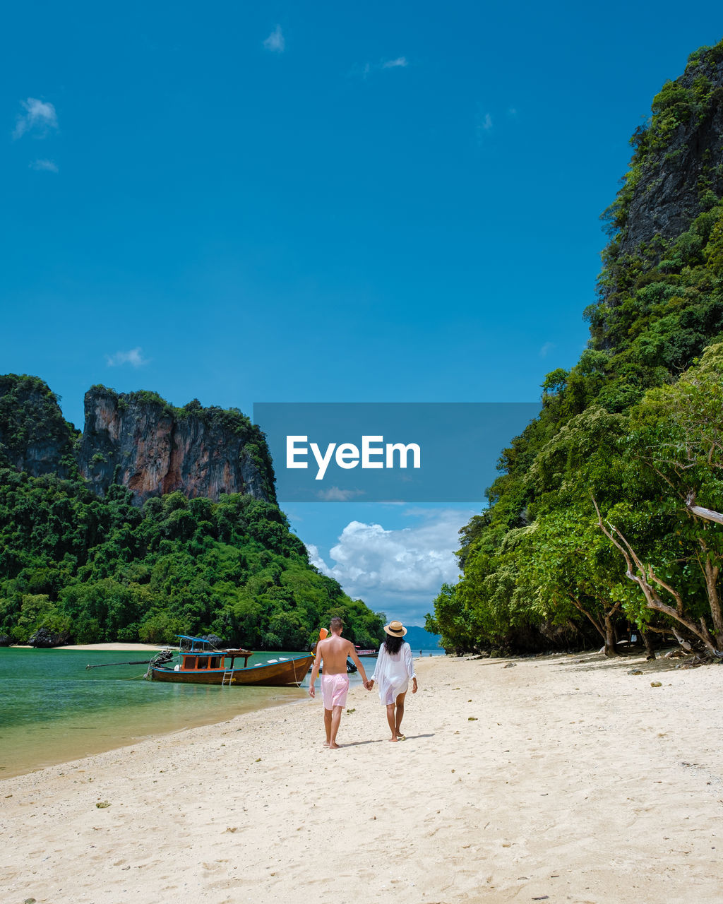 rear view of people on beach against sky