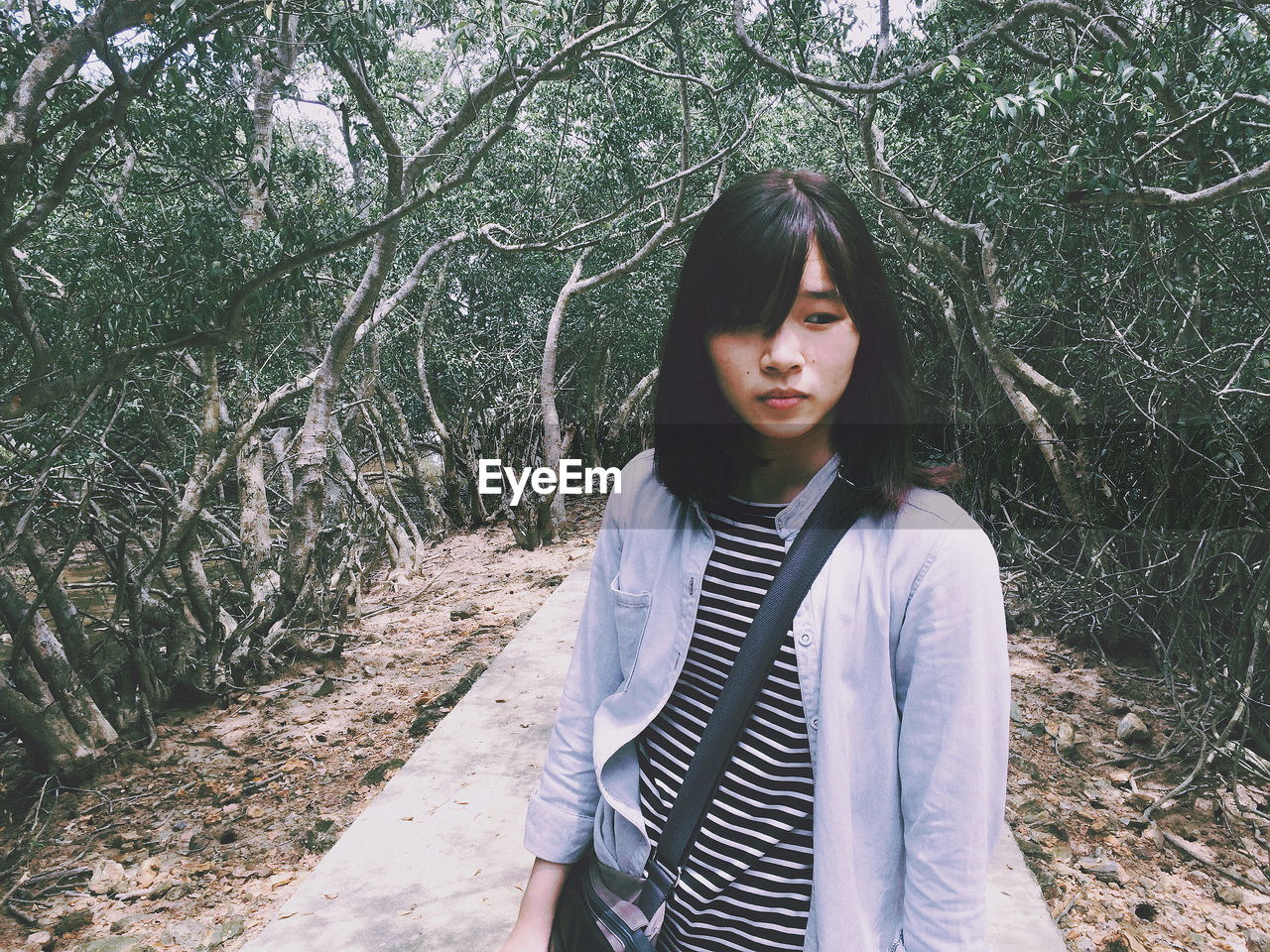 Young woman looking down while standing amidst bare trees