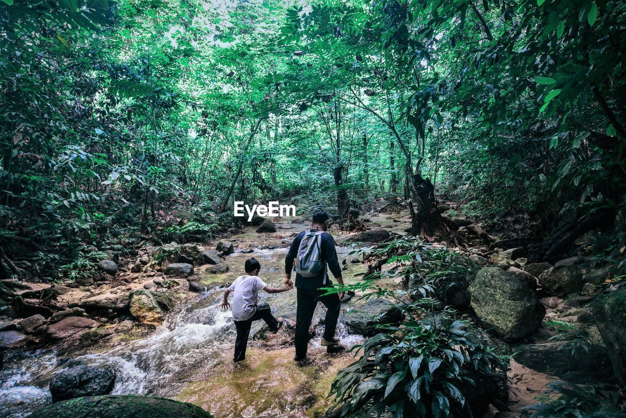 Rear view of father and son walking by stream at forest