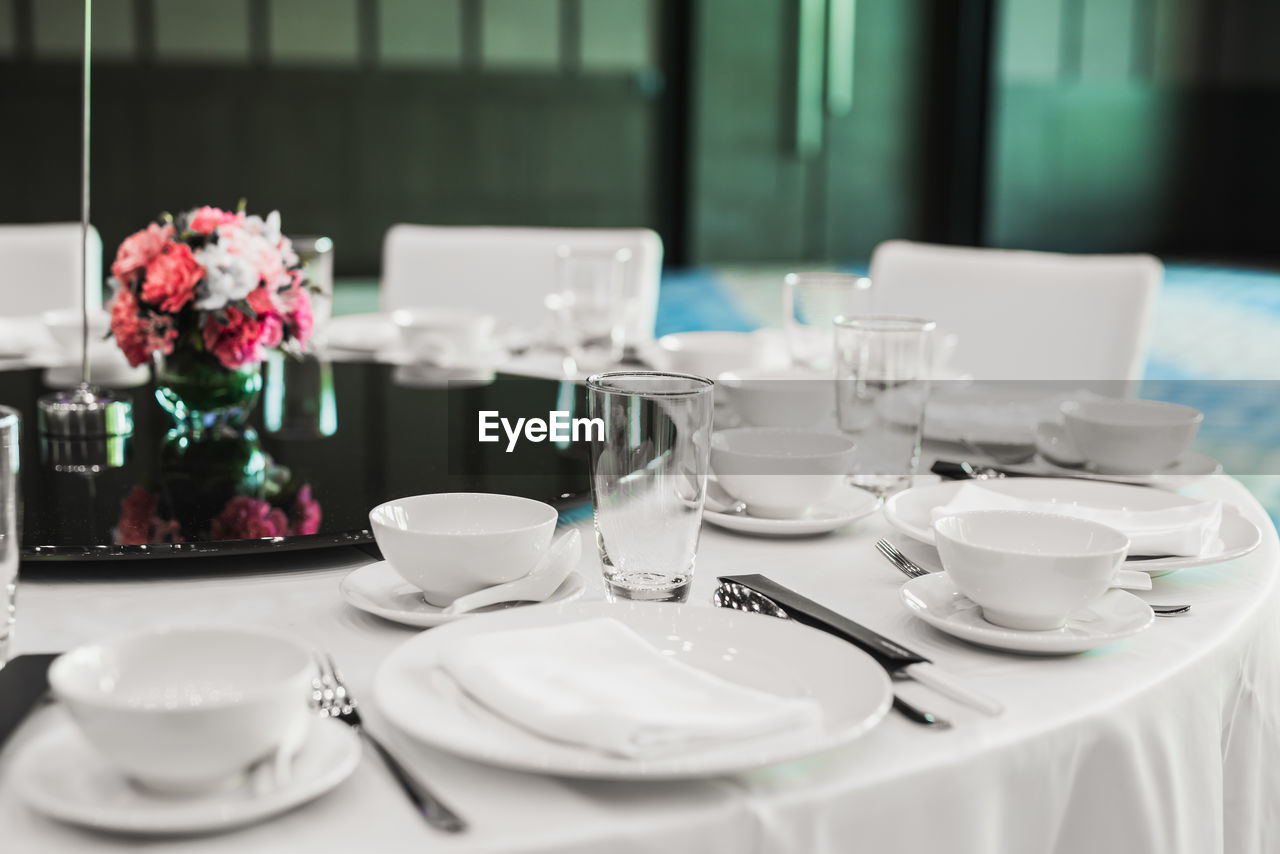 Crockery set on dining table