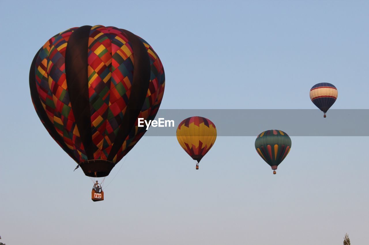 Hot air balloons flying against clear sky