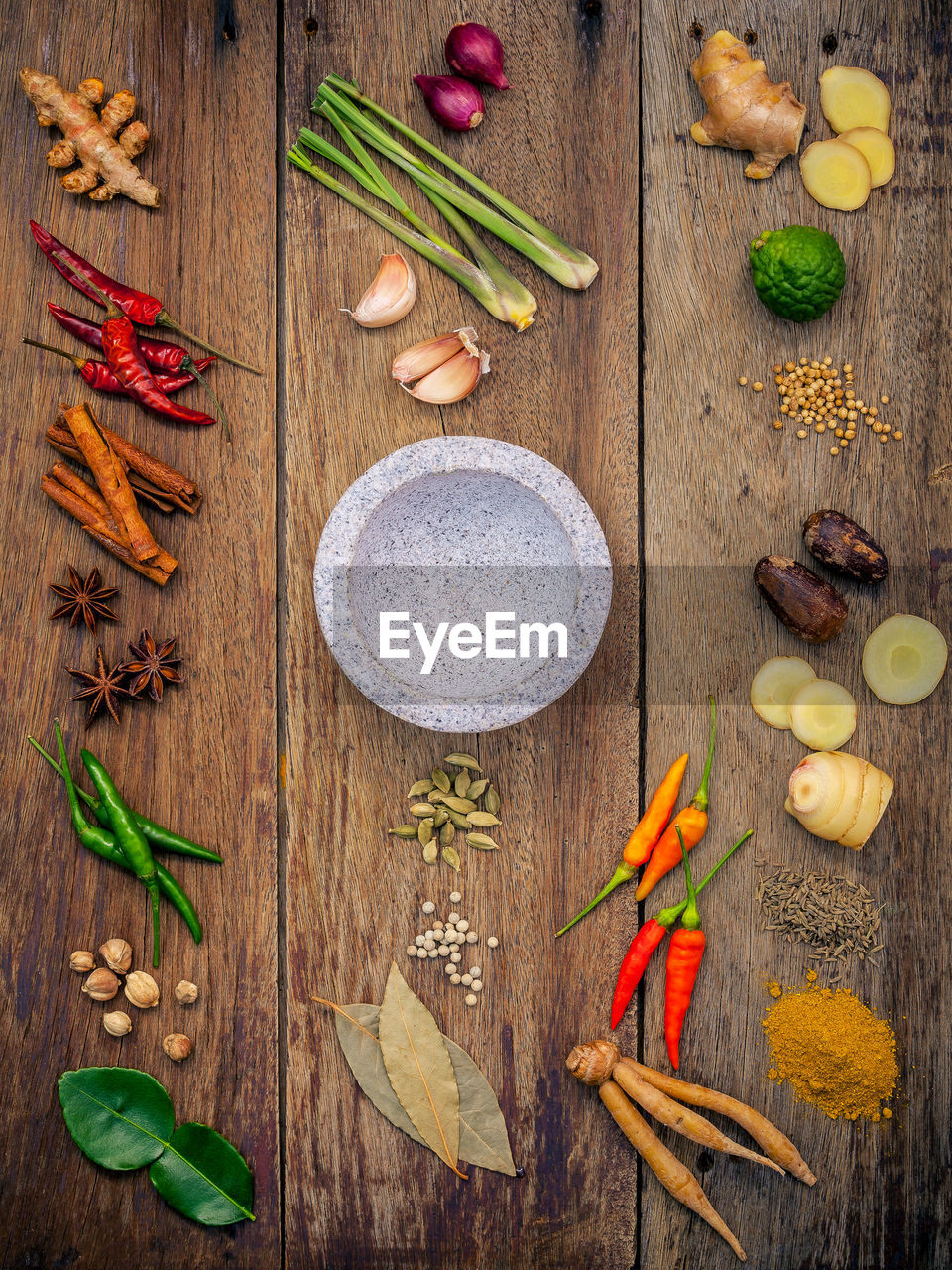 High angle view of bowl amidst various spices on table