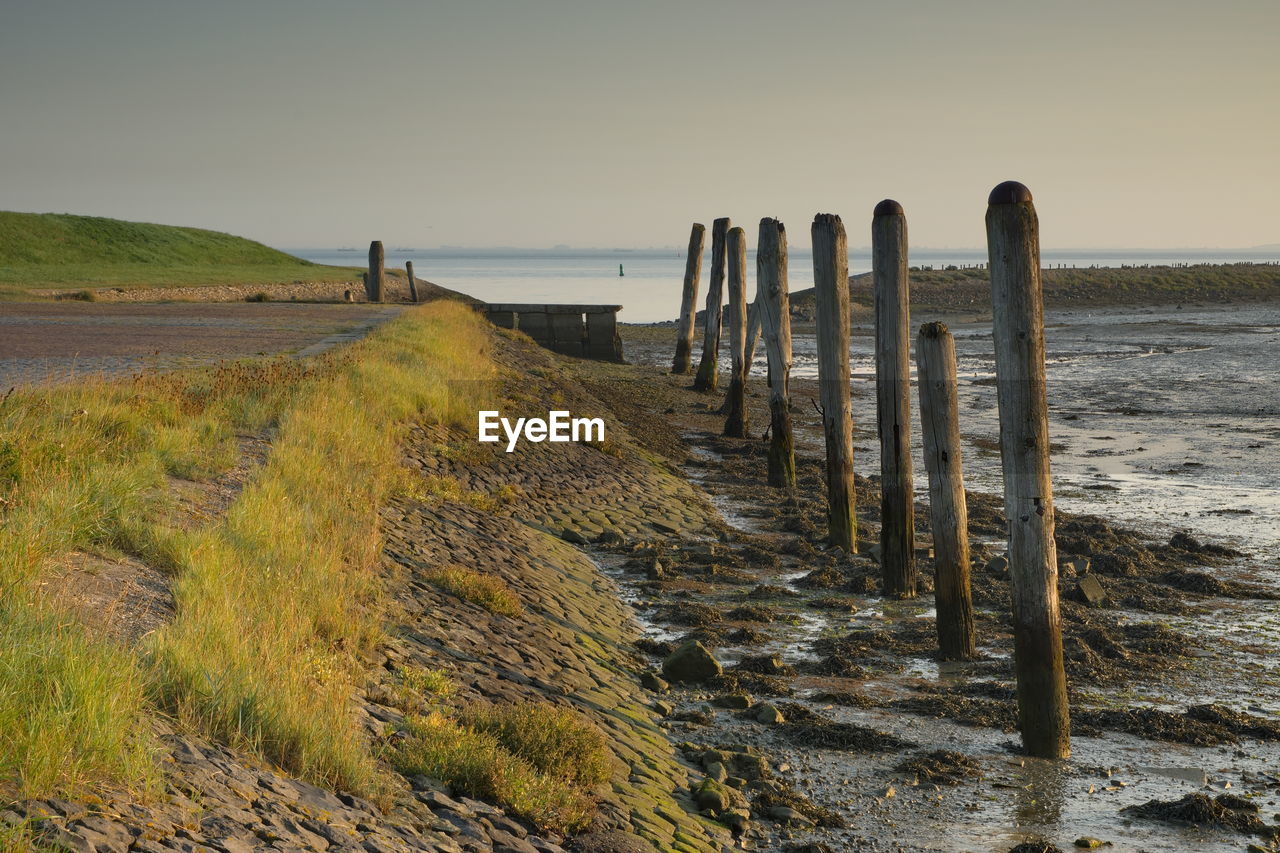 WOODEN POSTS ON BEACH AGAINST SKY