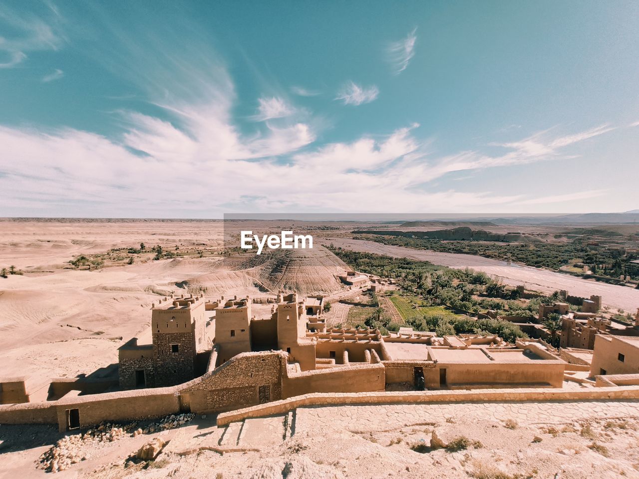 High angle view of old buildings against sky