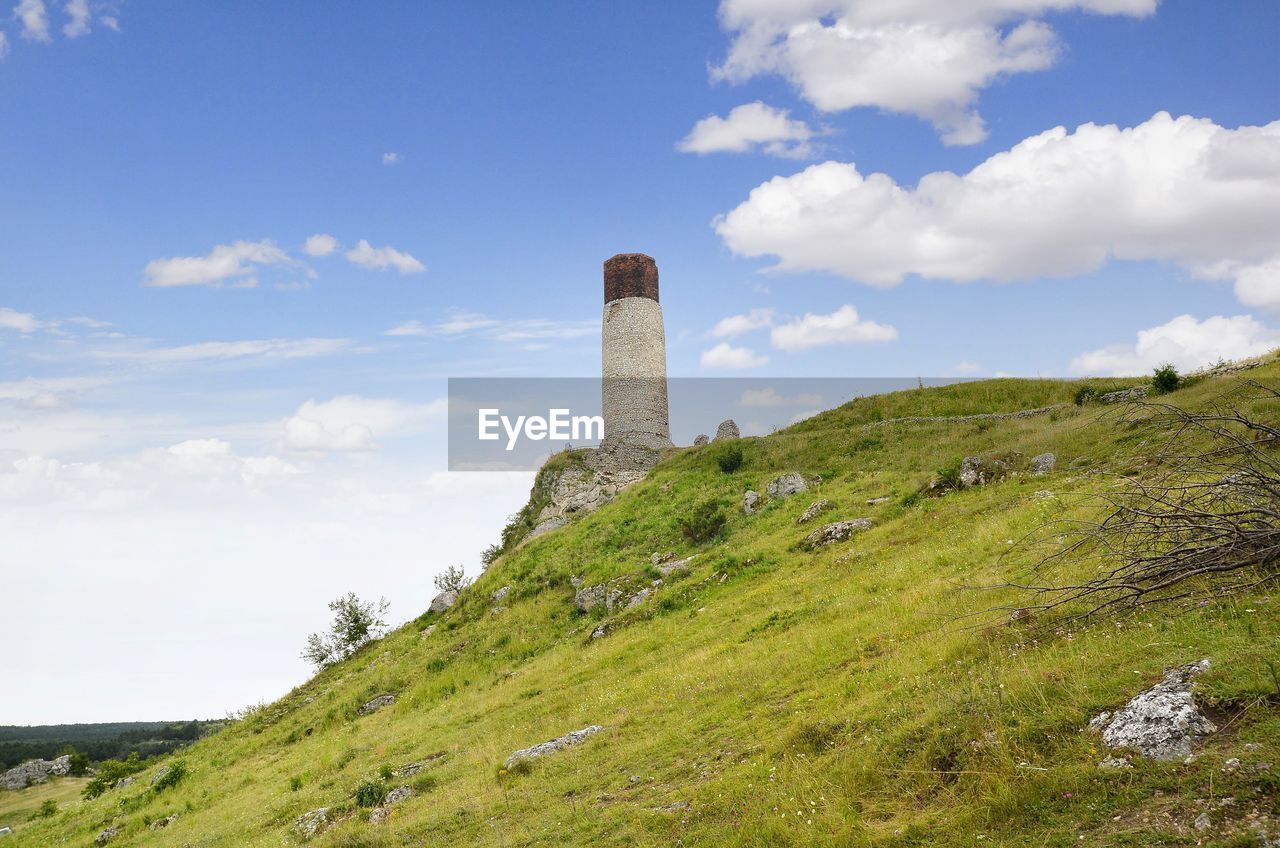 Lighthouse on field against sky