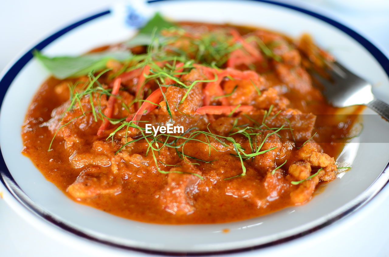 CLOSE-UP OF MEAT IN BOWL