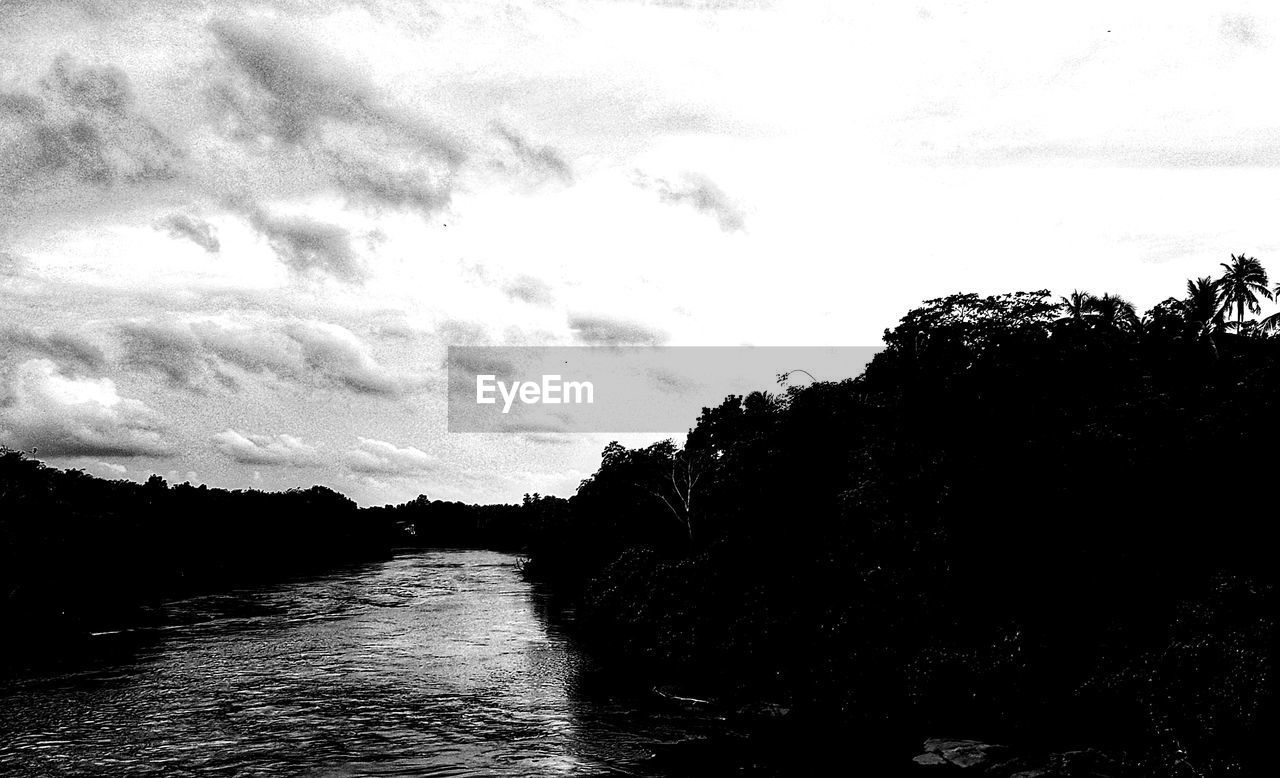 SILHOUETTE TREES BY RIVER AGAINST SKY IN FOREST