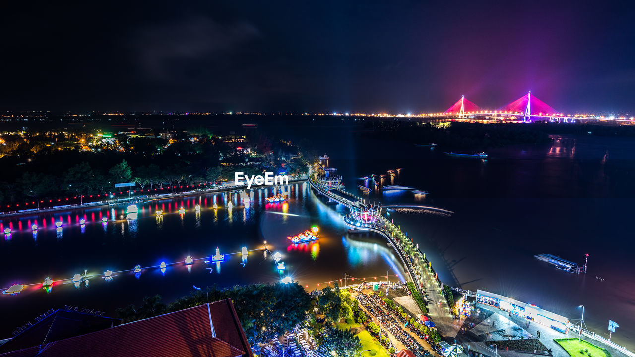 High angle view of illuminated city at night