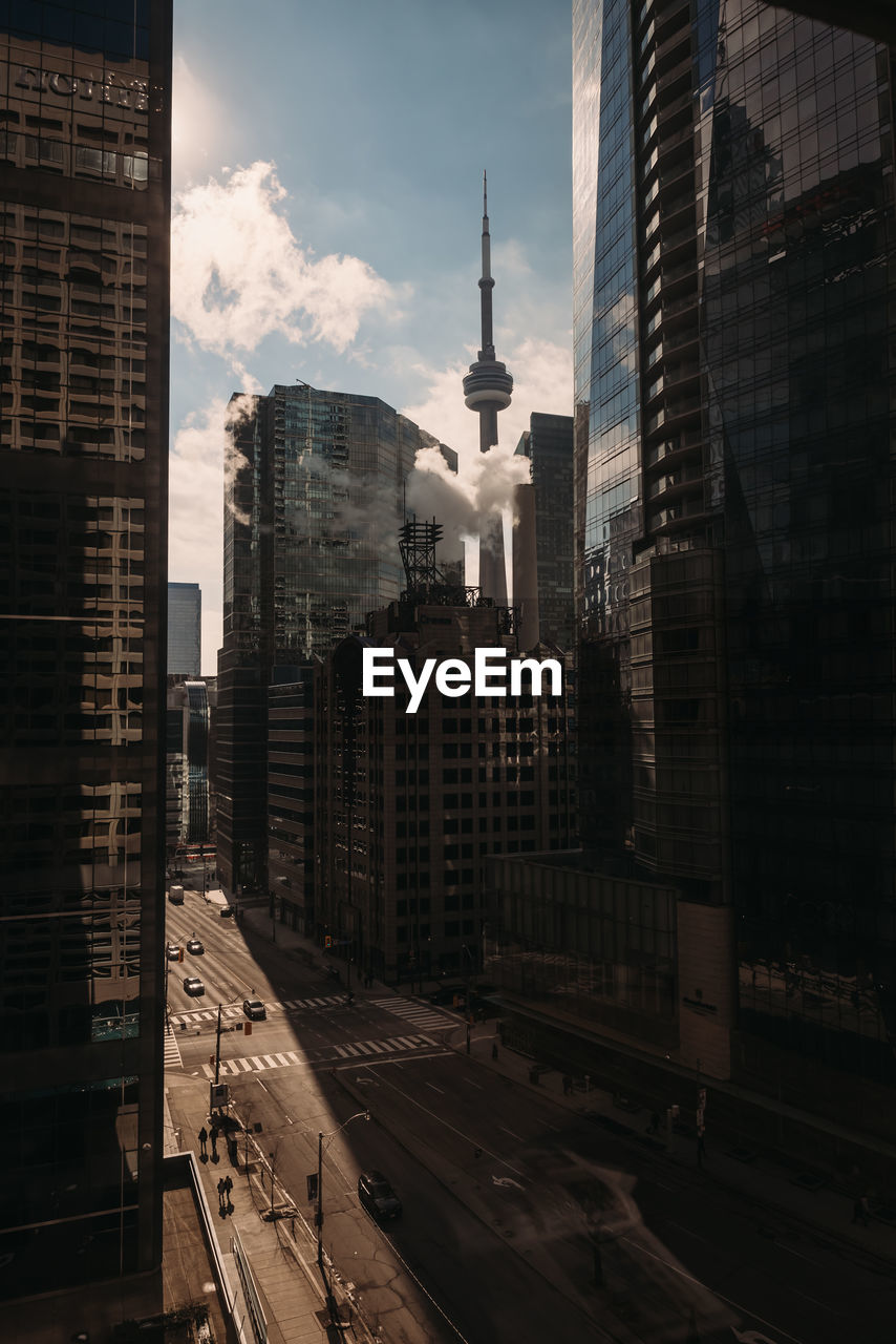 Buildings in downtown toronto, canada with cn tower in background.