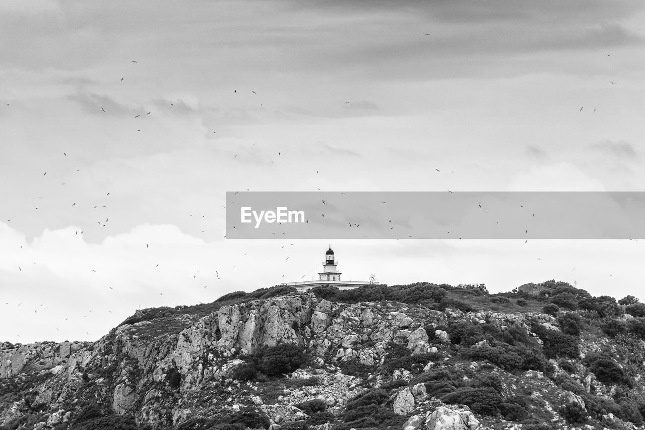 sky, black and white, monochrome photography, rock, cloud, monochrome, nature, mountain, land, environment, scenics - nature, sea, landscape, architecture, lighthouse, beauty in nature, coast, travel destinations, tower, one person, built structure, day, travel, water, animal, outdoors, animal themes, vacation, trip, non-urban scene, leisure activity, tranquility, beach, building exterior, holiday, tourism, men, guidance, animal wildlife, wildlife, building, bird, tranquil scene, adventure, full length, activity, standing