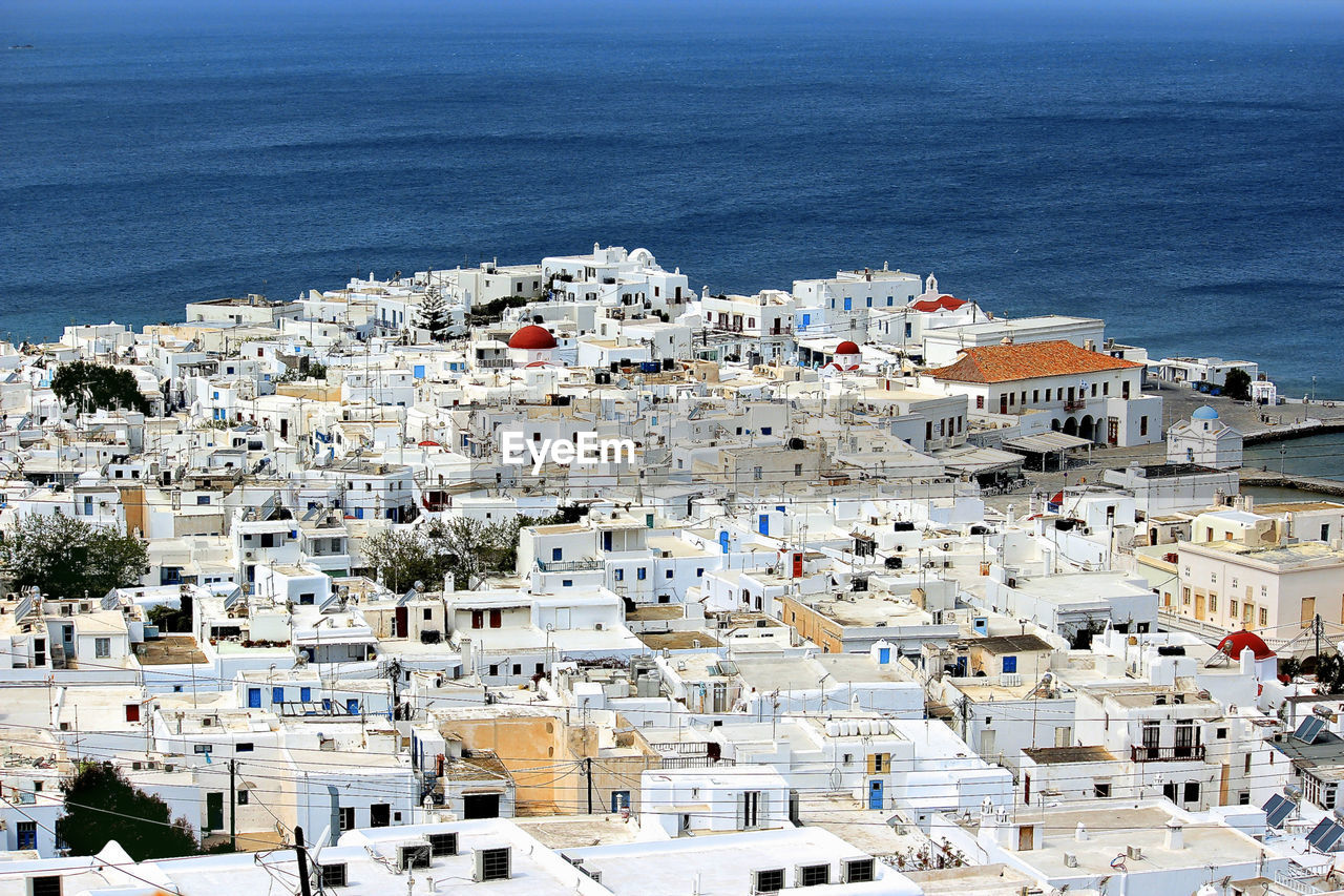 Aerial view of mykonos by sea