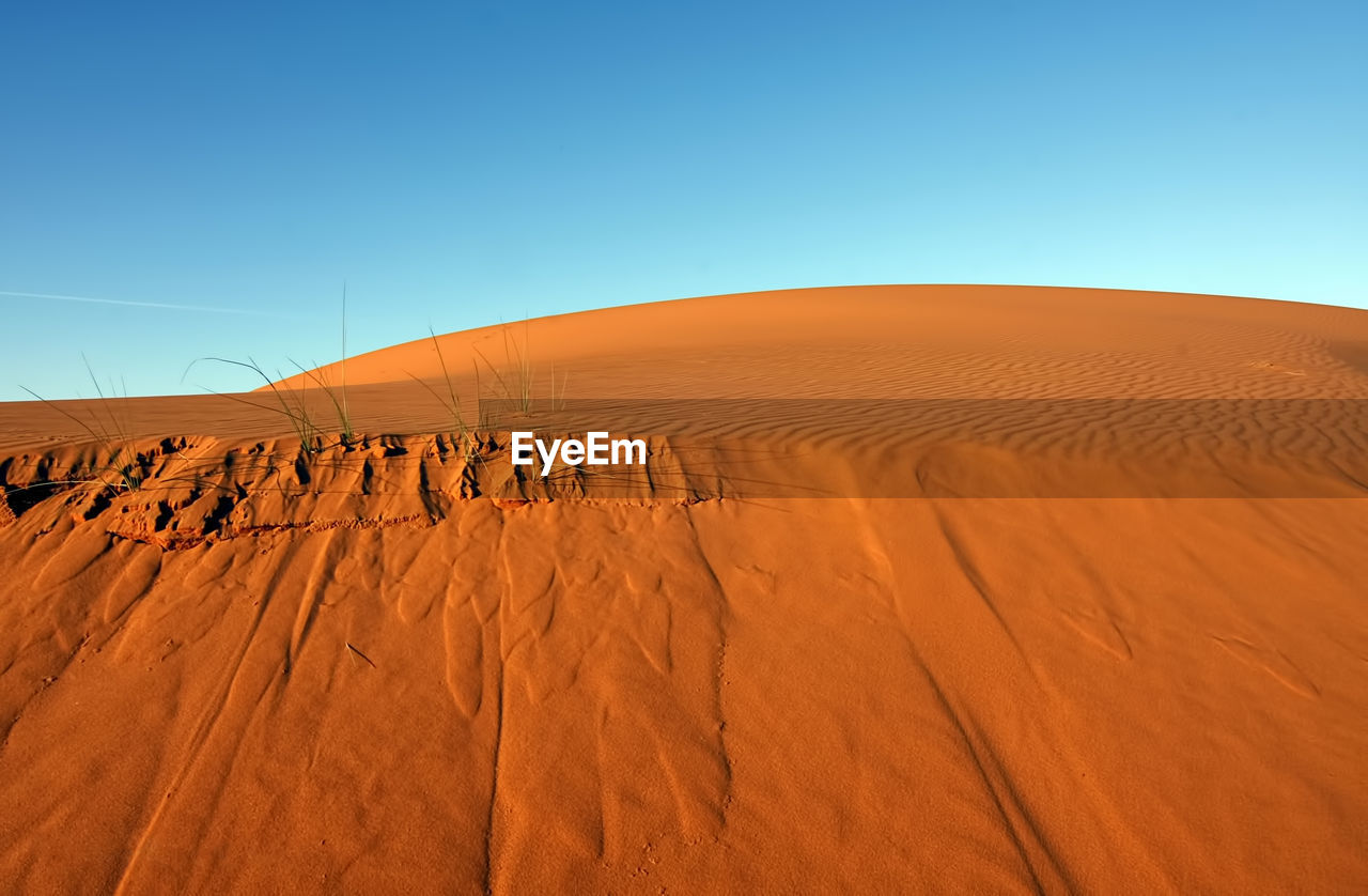 Sand dunes in desert against clear blue sky