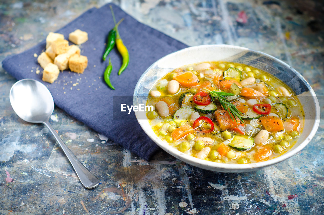 High angle view of soup in bowl