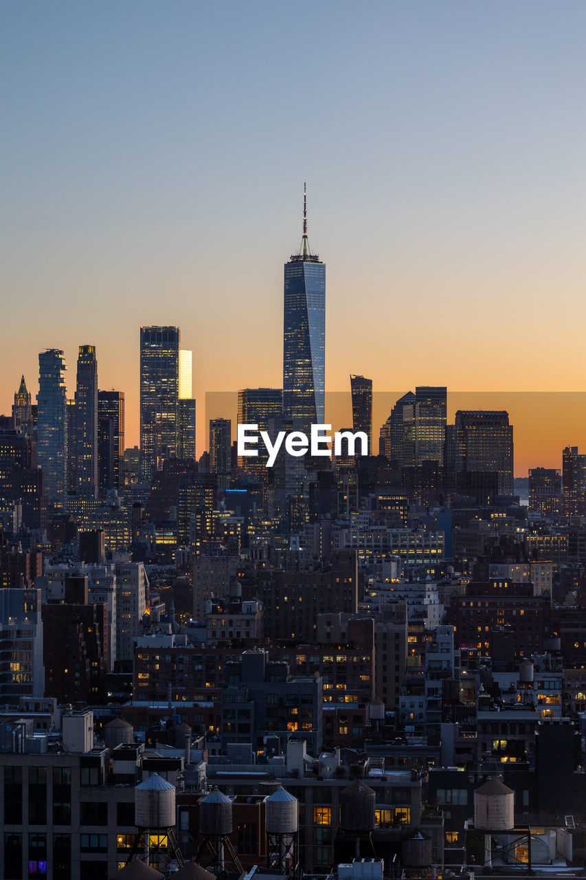 Aerial view of lower manhattan at sunset