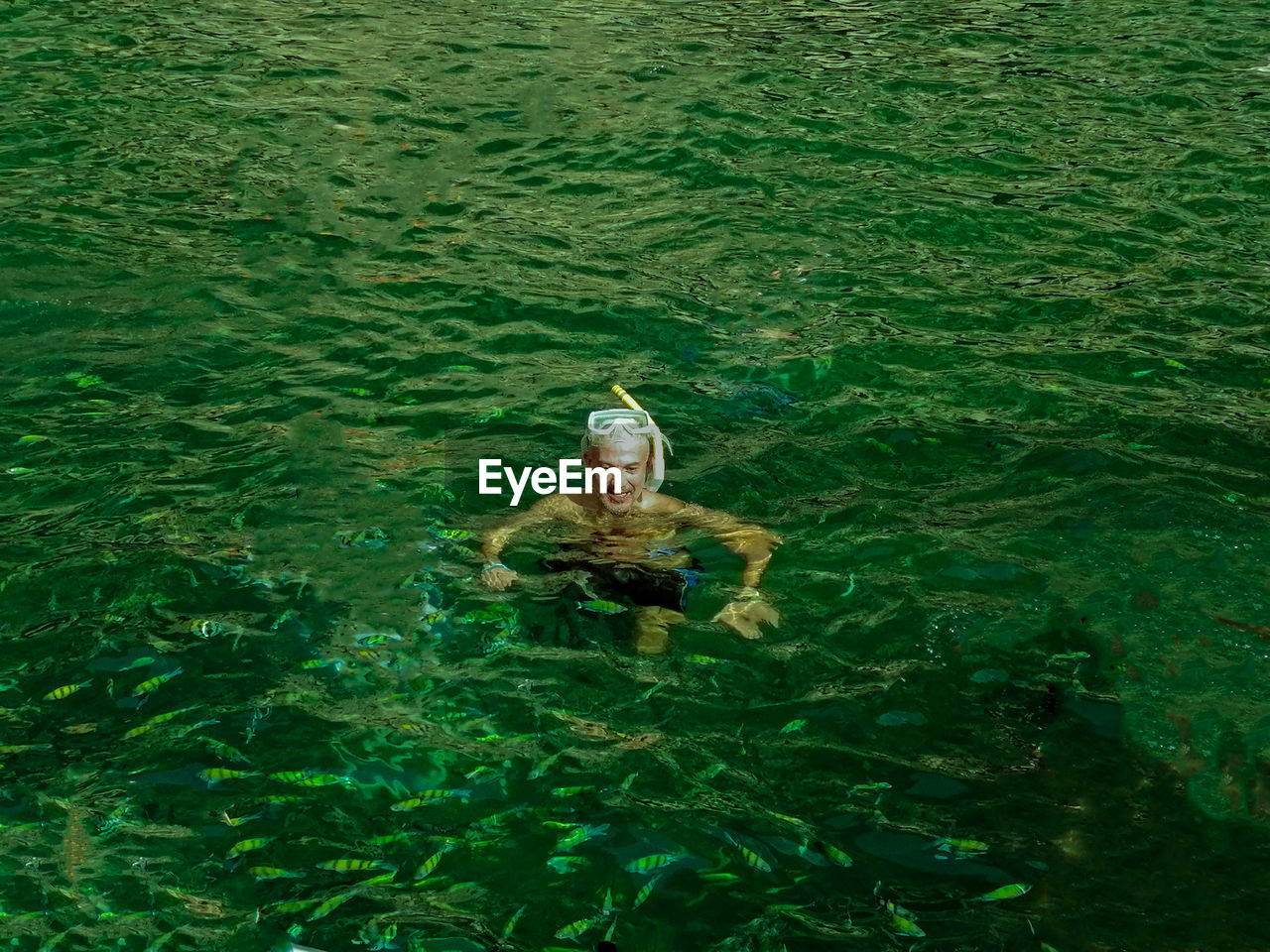 Portrait of man swimming and snorkeling with fish in sea