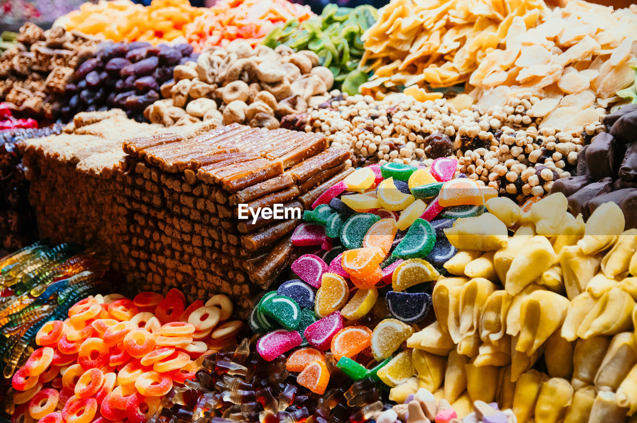 Various exotic candies in food market closeup