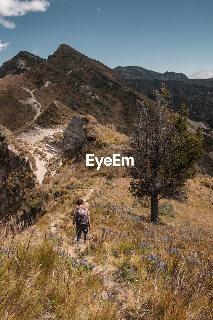 Rear view of young man walking on mountain against sky