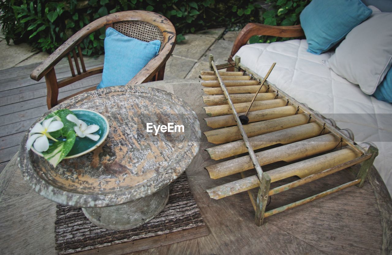 High angle view of music instrument on table