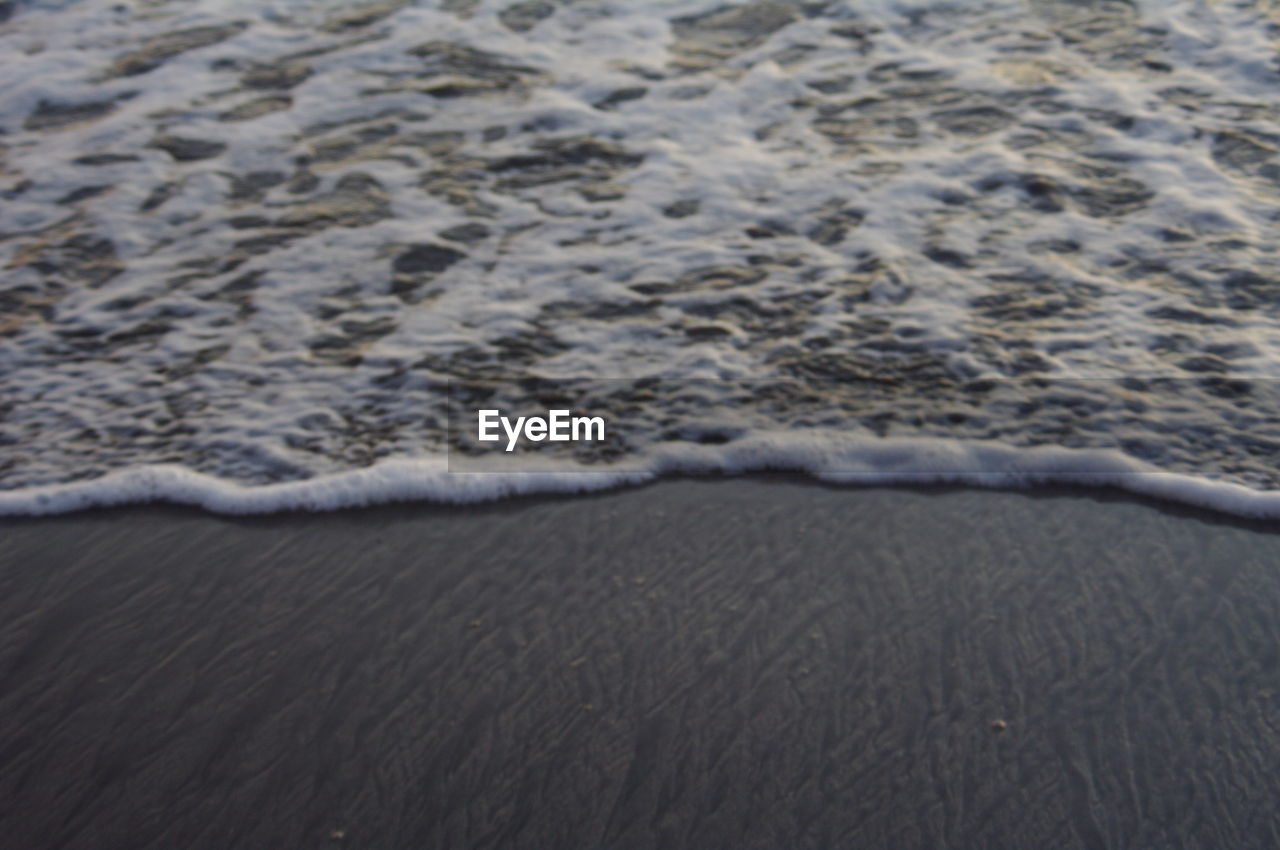 HIGH ANGLE VIEW OF WAVES RUSHING TOWARDS BEACH