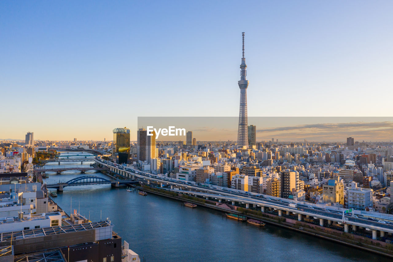 Aerial view sunrise of tokyo city skyline,japan