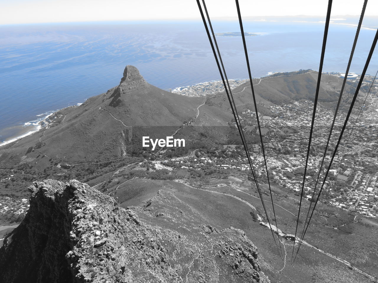 HIGH ANGLE VIEW OF SEA AND MOUNTAIN AGAINST SKY