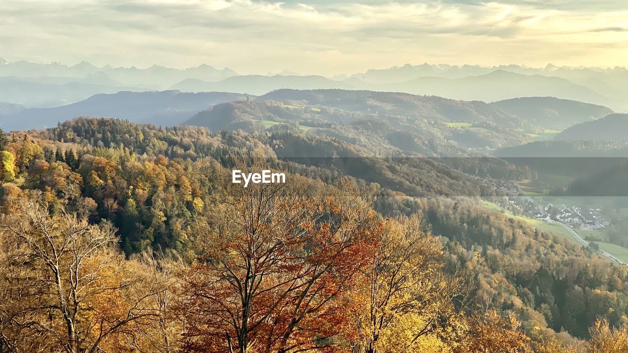 Scenic view of mountains against sky during autumn