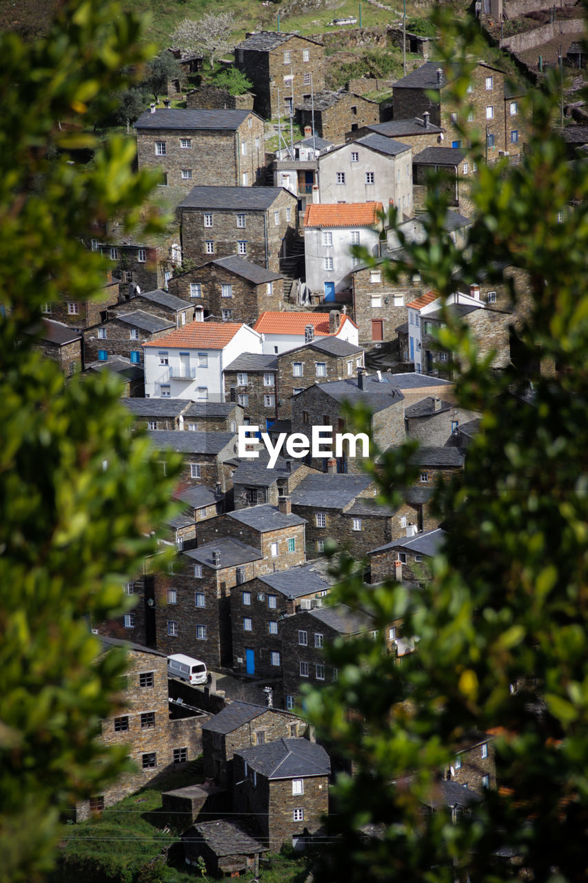 High angle view of buildings in town