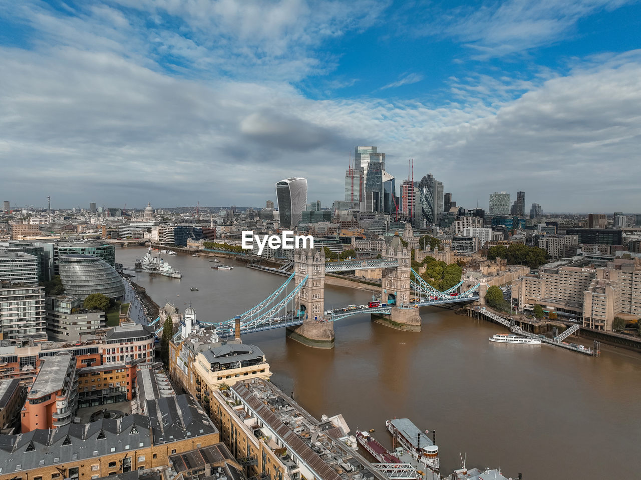 Aerial view of the tower bridge, central london, from the south bank of the thames.